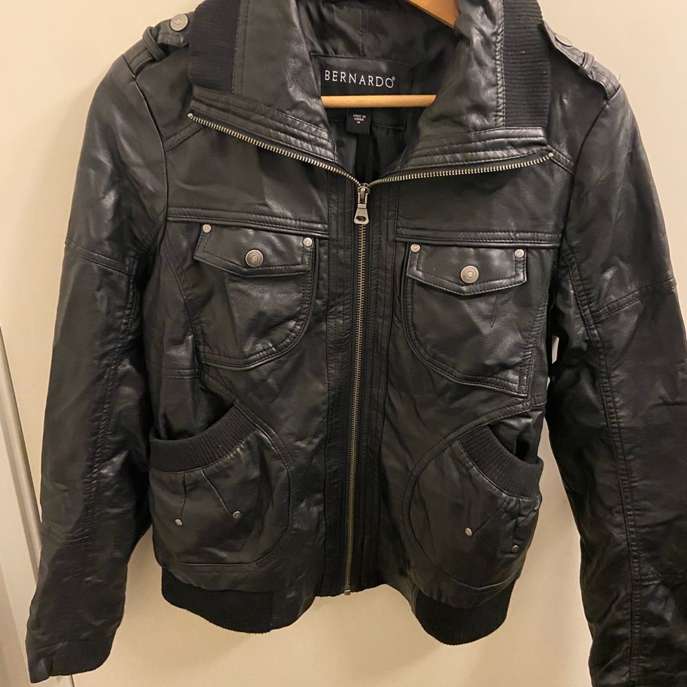 Bernardo Womens Jacket Max M Moto Black Full Zip Faux Leather Zip Pockets